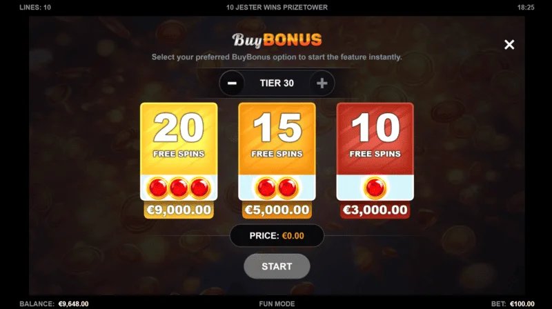 10 Jester Wins PrizeTower - buy bonus screen