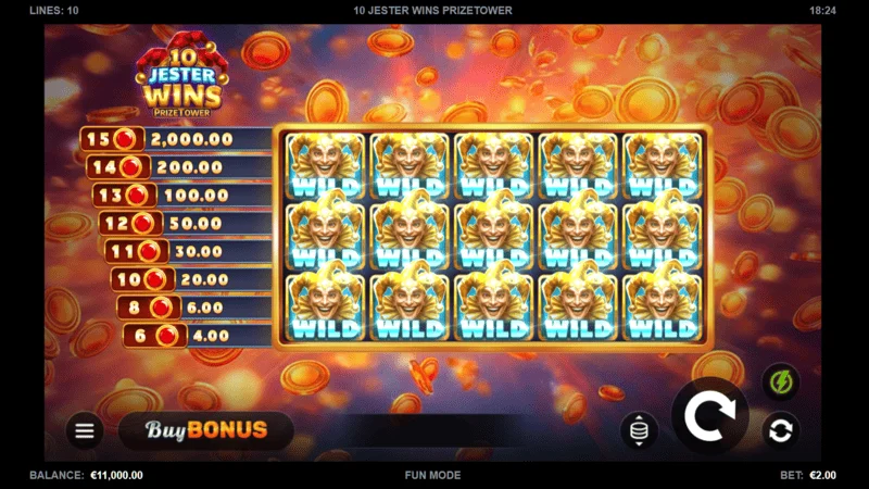 10 Jester Wins PrizeTower - main game screen with the reels